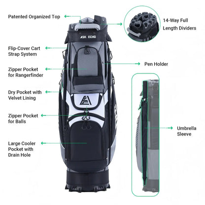 ASK ECHO T-LOCK 2.0 14-Way Golf Cart Bag, Quiet Organizer Dividers, Premium Storage Golf Bag